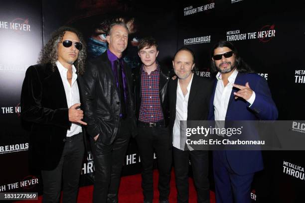 Writer/Executive Producer Kirk Hammett, Executive Producer/Writer James Hetfield, Dane DeHaan, Writer Lars Ulrich, and Writer/Executive Producer...