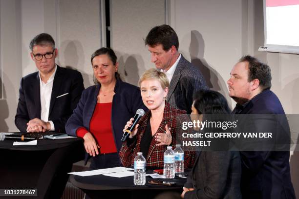 French leftist La France Insoumise party MP and member of left-wing coalition Nupes Clementine Autain speaks next to French Socialist Party First...