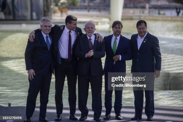 Alberto Fernandez, Argentina's outgoing president, from left, Santiago Pena, Paraguay's president, Luiz Inacio Lula da Silva, Brazil's president,...