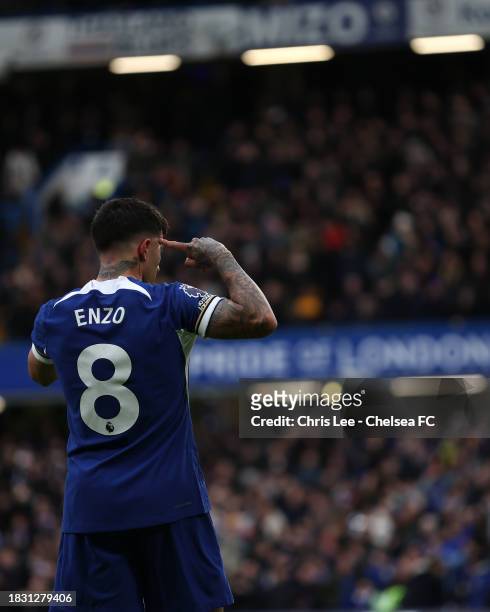 Enzo Fernandez of Chelsea celebrates scoring their first goal during the Premier League match between Chelsea FC and Brighton & Hove Albion at...