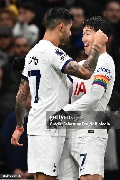 Cristian Romero of Tottenham Hotspur celebrate with Son Heung-min after scoring a goal during the Premier League match between Tottenham Hotspur and...