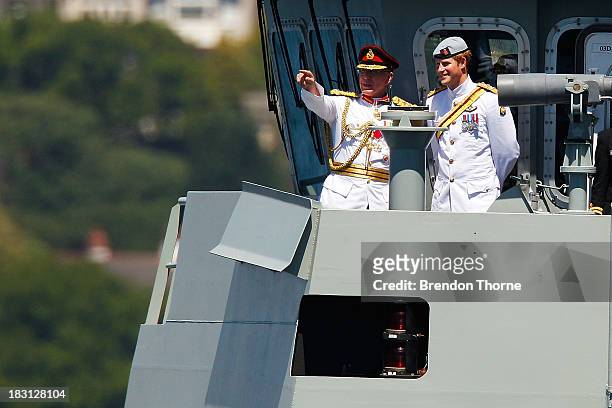 Prince Harry sails aboard the Leeuwin on October 5, 2013 in Sydney, Australia. Over 50 ships participate in the International Fleet Review at Sydney...