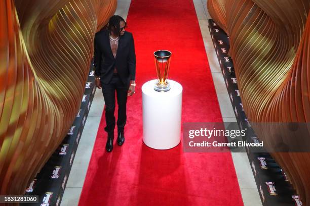 Myles Turner of the Indiana Pacers walks the red carpet before the game against the Milwaukee Bucks during the semifinals of the In-Season Tournament...