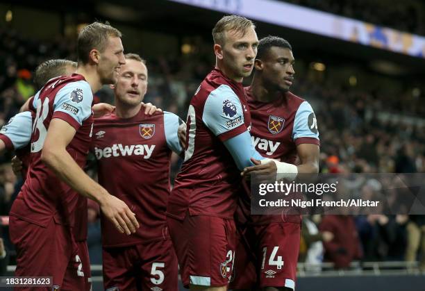 Jarrod Bowen and Mohammed Kudus of West Ham United celebrates equalizer during the Premier League match between Tottenham Hotspur and West Ham United...