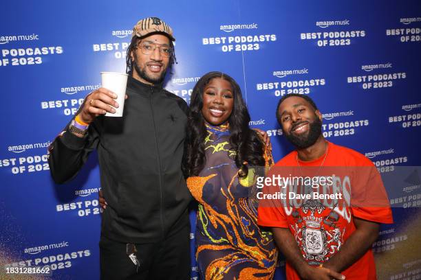 Kyle Stewart aka Poet, Madame Joyce and Chuckie Lothian attend the "Best Podcasts of 2023" event with Amazon Music at White Rabbit Studios on...