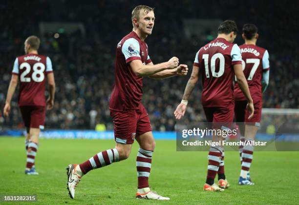 James Ward-Prowse of West Ham United celebrates 2nd goal during the Premier League match between Tottenham Hotspur and West Ham United at Tottenham...