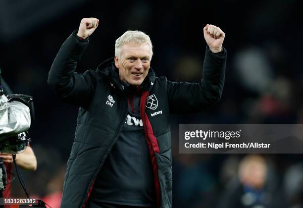 David Moyes, Manager of West Ham United celebrates after the Premier League match between Tottenham Hotspur and West Ham United at Tottenham Hotspur...