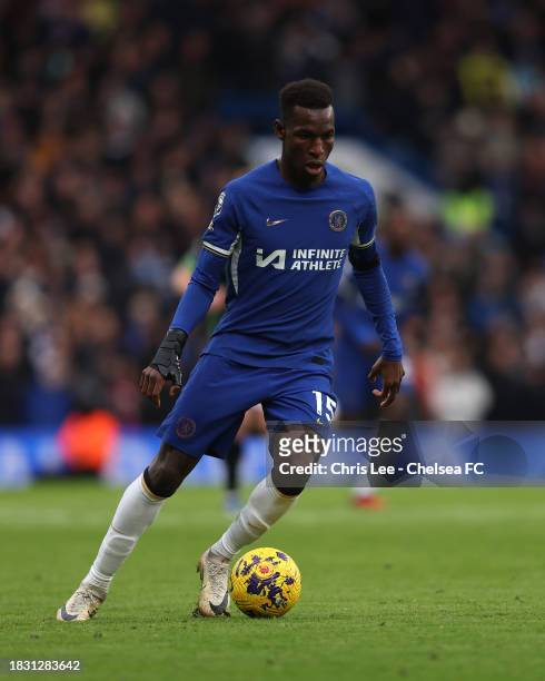 Nicolas Jackson of Chelsea in action during the Premier League match between Chelsea FC and Brighton & Hove Albion at Stamford Bridge on December 03,...
