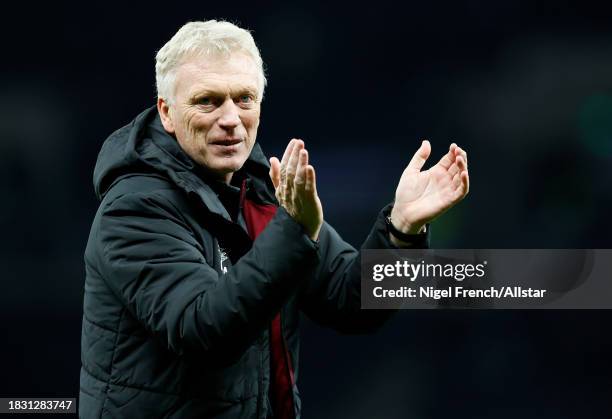 David Moyes, Manager of West Ham United applauds the fans after the Premier League match between Tottenham Hotspur and West Ham United at Tottenham...