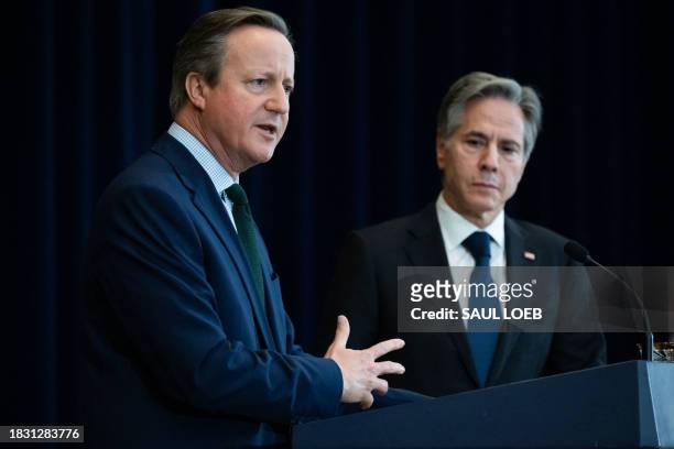 Secretary of State Antony Blinken and British Foreign Secretary David Cameron hold a press conference at the State Department in Washington, DC,...