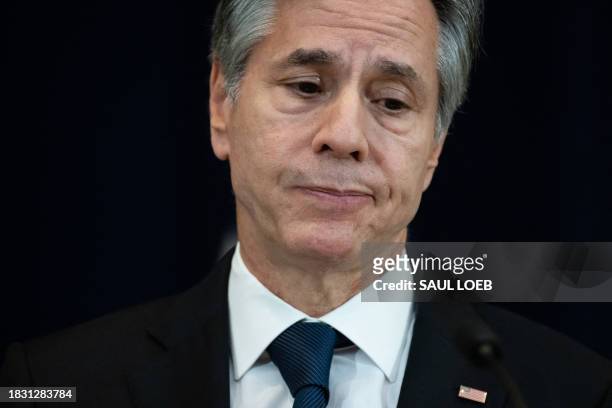 Secretary of State Antony Blinken speaks during a press conference with British Foreign Secretary David Cameron at the State Department in...