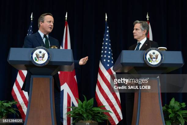 Secretary of State Antony Blinken and British Foreign Secretary David Cameron hold a press conference at the State Department in Washington, DC, on...