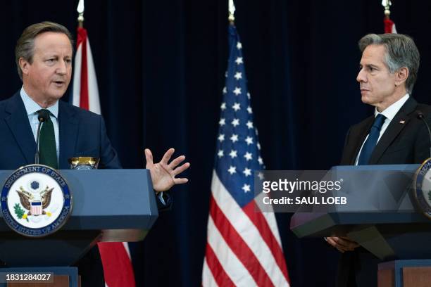 Secretary of State Antony Blinken and British Foreign Secretary David Cameron hold a press conference at the State Department in Washington, DC,...
