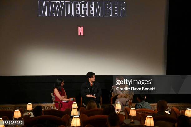 Radhika Seth, Charles Melton and Julianne Moore attend a screening of "May December" at Soho House on December 7, 2023 in London, England.