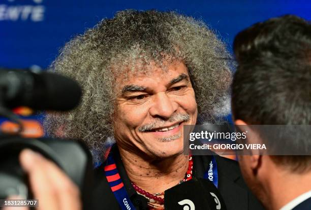 Colombian soccer player Carlos Valderrama arrives for the Copa America 2024 official draw at the James L. Knight Centre in Miami, Florida, on...