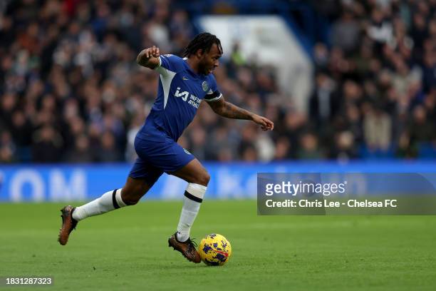 Raheem Sterling of Chelsea in action during the Premier League match between Chelsea FC and Brighton & Hove Albion at Stamford Bridge on December 03,...