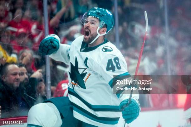 Tomas Hertl of the San Jose Sharks celebrates scoring a goal against the Detroit Red Wings during the third period at Little Caesars Arena on...
