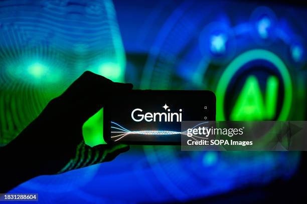 In this photo illustration a Gemini logo is displayed on a smartphone with Artificial Intelligence symbol in the background.