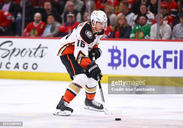 Ryan Strome of the Anaheim Ducks brings the puck up ice during the second period against the Chicago Blackhawks at the United Center on December 7,...