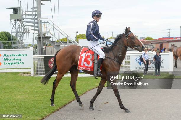 Laura Lafferty returns to scale on Bird Dog after winning the Paulls Carpet Choice Maiden Plate at Moe Racecourse on December 08, 2023 in Moe,...