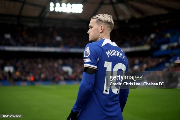 Mykhailo Mudryk of Chelsea before the match kicks off during the Premier League match between Chelsea FC and Brighton & Hove Albion at Stamford...