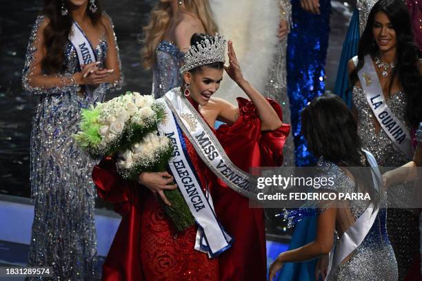 Miss Venezuela 2023 Ileana Marquez of Amazonas state celebrates after being crowned during Miss Venezuela beauty pageant in Caracas on December 7,...