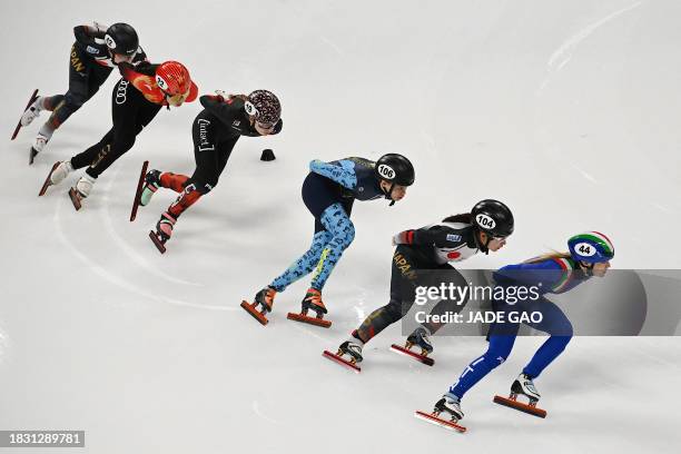 Italy's Gloria Ioriatti leads leads during the women's 1500m quarter-final event of the ISU World Cup Short Track Speed Skating in Beijing on...