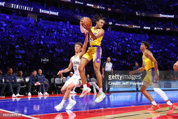Maxwell Lewis of the Los Angeles Lakers rebounds the ball during the game against the New Orleans Pelicans during the semifinals of the In-Season...