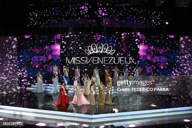Contestants pose in a gala dress during Miss Venezuela beauty pageant in Caracas on December 7, 2023.