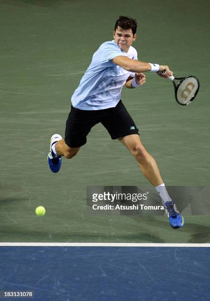 Milos Raonic of Canada in action during men's singles semi final match against Ivan Dodig of Croatia during day six of the Rakuten Open at Ariake...