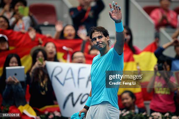 Rafael Nadal of Spain gestures following his win against Tomas Berdych of the Czech Republic during their men's semi-final match on day eight of the...