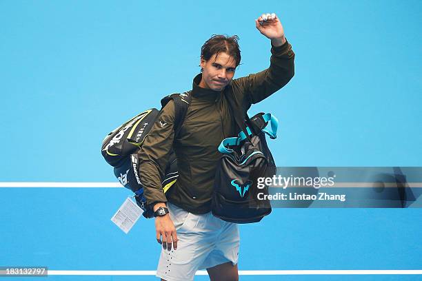 Rafael Nadal of Spain gestures following his win against Tomas Berdych of the Czech Republic during their men's semi-final match on day eight of the...