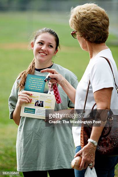Anna Maria Hoffman, of Alexandria, Va., campaigns for Virginia gubernatorial candidate Ken Cuccinelli II with the "Women for Ken" group at the McLean...