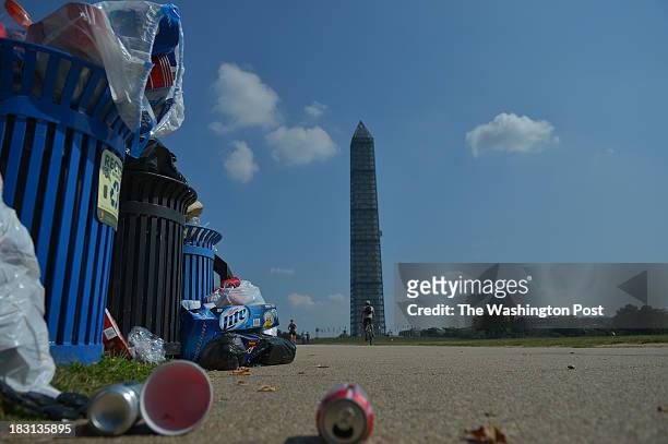 Pile of uncollected trash sits at the Washington Monument on October 4, 2013 in Washington, D.C. Trash on the National Mall and other federal parks...
