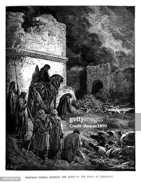 nehemiah viewing the ruins - jerusalem archaeology stock illustrations