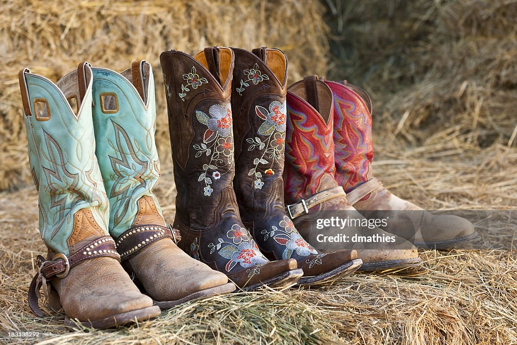 Three pair of cowboy boots sit on hay