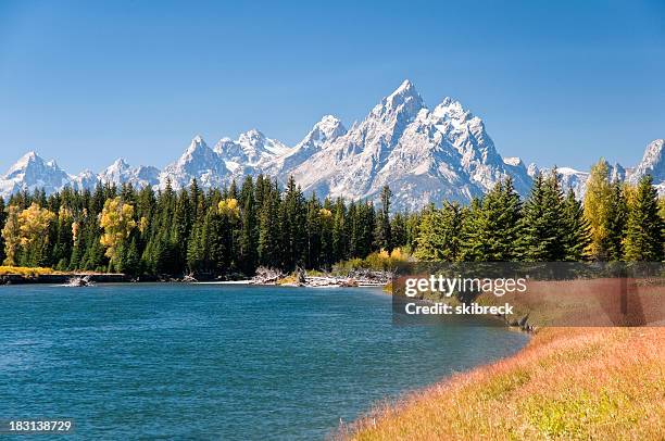 grand tetons mountians e il fiume snake - catena montuosa teton foto e immagini stock