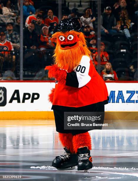 The Philadelphia Flyers mascot Gritty skates prior to the game against the Pittsburgh Penguins at the Wells Fargo Center on December 04, 2023 in...