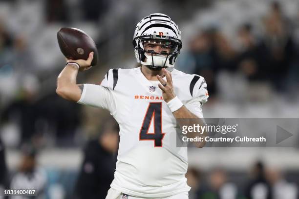 McCarron of the Cincinnati Bengals warms up prior to the game against the Jacksonville Jaguars at EverBank Stadium on December 04, 2023 in...
