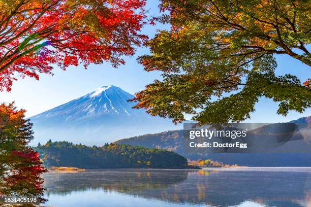 fuji mountain reflection with red maple trees in autumn at lake kawaguchiko, japan - präfektur yamanashi stock-fotos und bilder