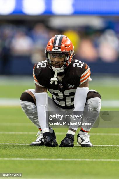 Grant Delpit of the Cleveland Browns squats during an NFL football game between the Los Angeles Rams and the Cleveland Browns at SoFi Stadium on...