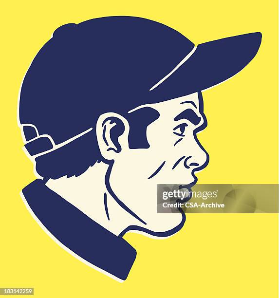 stockillustraties, clipart, cartoons en iconen met side view of man wearing baseball hat - sideburn