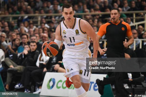 Mario Hezonja of Real Madrid is in action during the 2023/2024 Turkish Airlines EuroLeague Regular Season Round 13 match between Panathinaikos AKTOR...