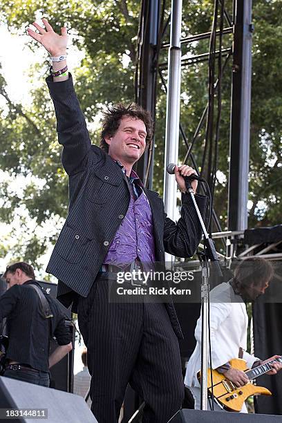 Vocalist Dick Valentine of Electric Six performs on stage during weekend one, day one of the Austin City Limits Music Festival at Zilker Park on...