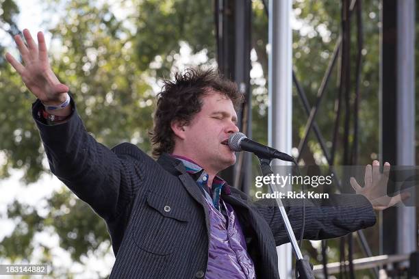 Vocalist Dick Valentine of Electric Six performs on stage during weekend one, day one of the Austin City Limits Music Festival at Zilker Park on...