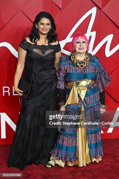 Smruti Sriram, CEO of Bags of Ethics and Dame Zandra Rhodes attend The Fashion Awards 2023 presented by Pandora at the Royal Albert Hall on December...