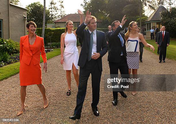 Prince Harry , Margie Abbott , Australian Prime Minister Tony Abbott daughters Bridget and Francis visit Kirribilli House on October 5, 2013 in...