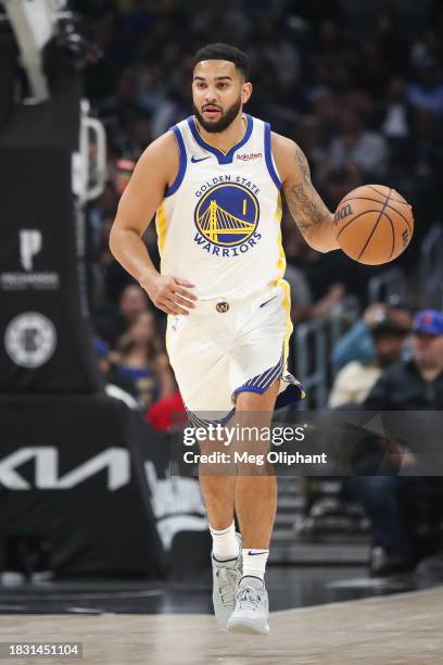 Cory Joseph of the Golden State Warriors handles the ball in the first quarter against the LA Clippers at Crypto.com Arena on December 02, 2023 in...