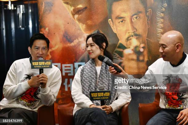 Actor Nick Cheung Ka-fai, actress Isabella Leong and director Dante Lam Chiu-yin promote film 'Bursting Point' on December 4, 2023 in Chengdu,...