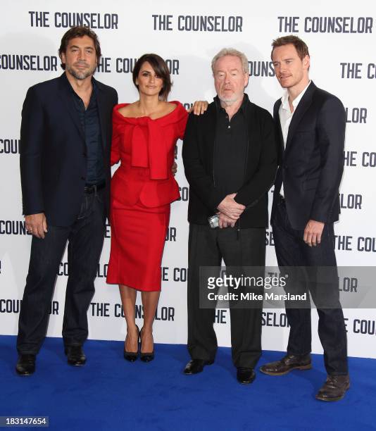 Penelope Cruz, Javier Bardem, Ridley Scott and Michael Fassbender attend a photocall for "The Counselor" at The Dorchester on October 5, 2013 in...